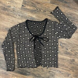 Y2K Sheer Floral Tie-Front Long Sleeve Top - Size Small